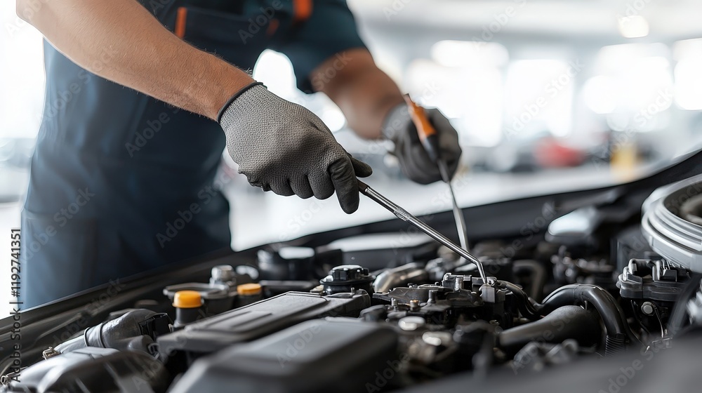 Mechanic Working on Car Engine with Tools and Gloves Mechanic Working on Car Engine with Tools and Gloves