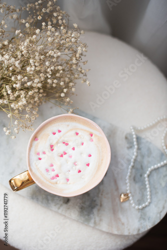 Cappuccino with heart decoration, party morning, Valentine's day, 14 February photo