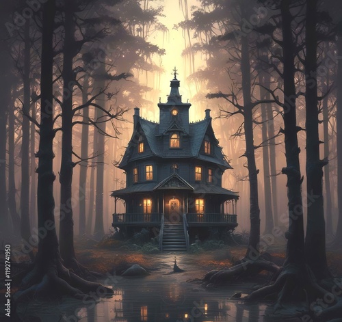 Illustration of ghost house in creepy forest. photo