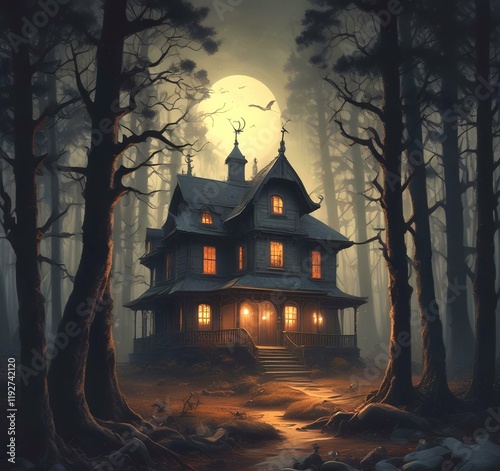 Illustration of ghost house in creepy forest. photo