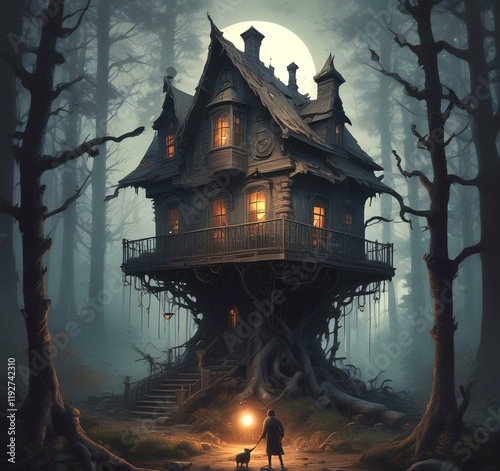 Illustration of ghost house in creepy forest. photo