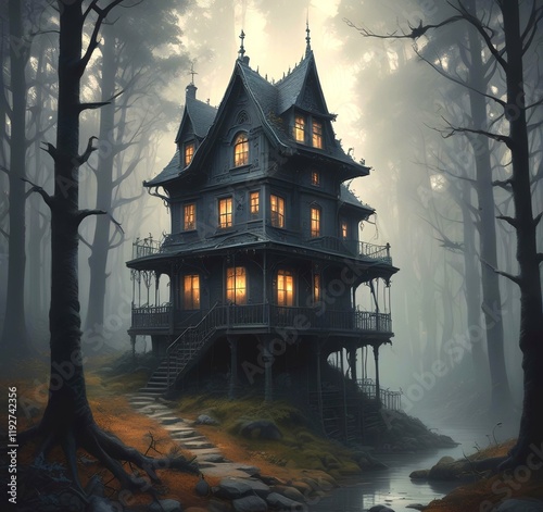 Illustration of ghost house in creepy forest. photo