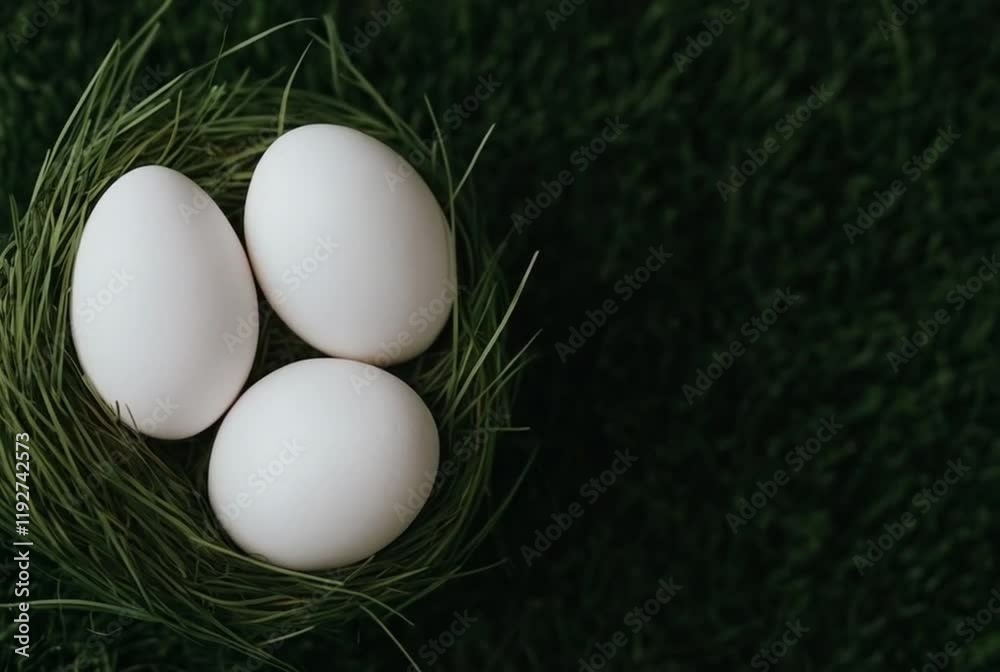 White eggs nestled in green grass White eggs nestled in green grass