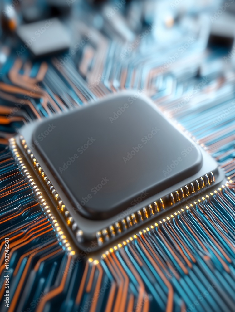 Close-up detailed microchip glowing softly vibrant orange blue circuitry. AI Generated Close-up detailed microchip glowing softly vibrant orange blue circuitry. AI Generated