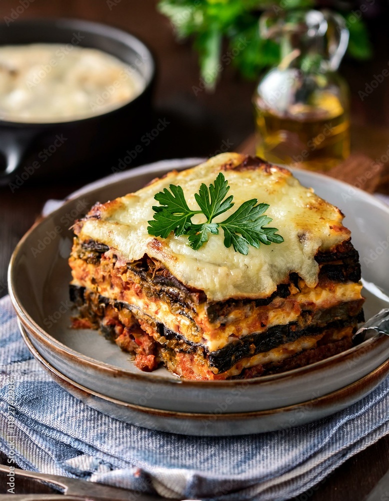Generated image Authentic Greek moussaka with layers of eggplant and béchamel sauce Generated image Authentic Greek moussaka with layers of eggplant and béchamel sauce