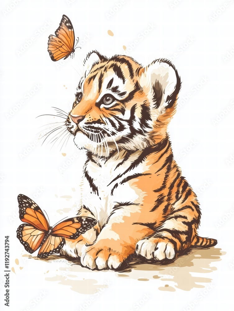 Obraz premium Playful tiger cub observing butterflies in a vibrant illustration capturing the beauty of nature and wildlife. Generative AI