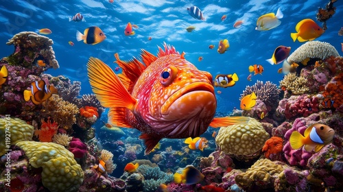 Fototapeta Naklejka Na Ścianę i Meble -  A colorful coral reef with vibrant fish in the ocean