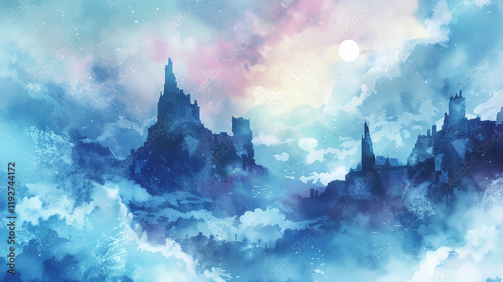 A digital art illustration of a fantasy city in the clouds with a full moon.