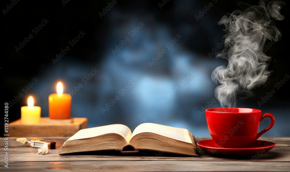 Lightning and Coffee concept. A cozy scene with a steaming cup, open book, and candles creating a warm atmosphere. Lightning and Coffee concept. A cozy scene with a steaming cup, open book, and candles creating a warm atmosphere.