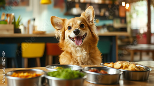 A photograph of a cheerful mixed-breed dog with golden fur sitting at a table with bowls of colorful food, including vegetables and treats, in a cozy café-like environment. Concept of pet dining.