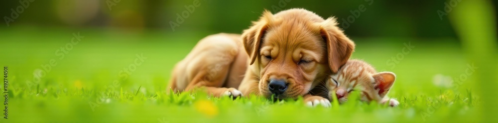 Fototapeta premium Gentle sleeping Bordeaux puppy cradles newborn kitten in a warm hug on soft green lawn, puppy, cuddling, bonded