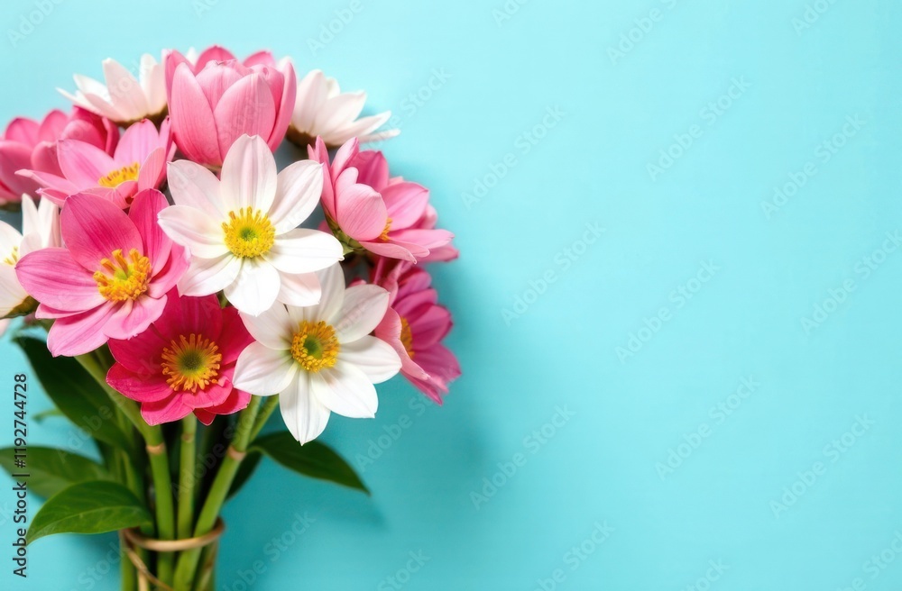 bouquet of pink flowers on a light blue background