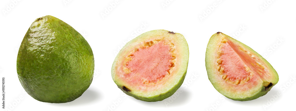 Set of ripe guava fruit, half and slice on white background. Isolated Set of ripe guava fruit, half and slice on white background. Isolated