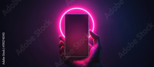 Hand holding phone, neon glow, dark background, app promo
