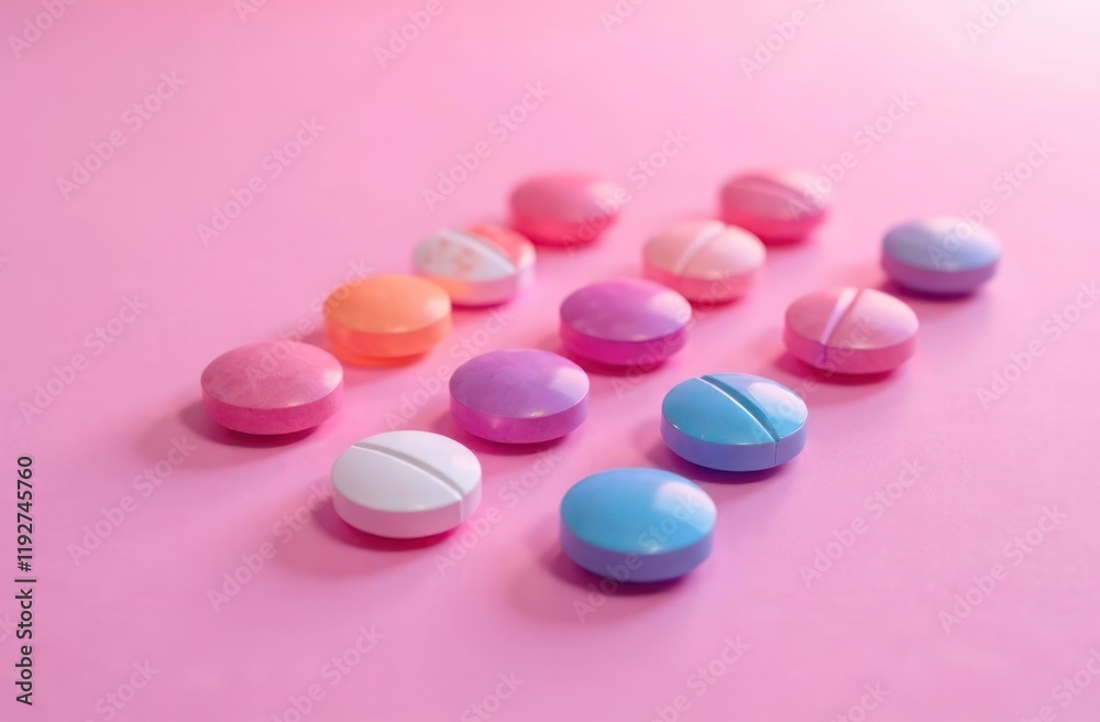 an assortment of vibrant pills and capsules on a pink surface an assortment of vibrant pills and capsules on a pink surface