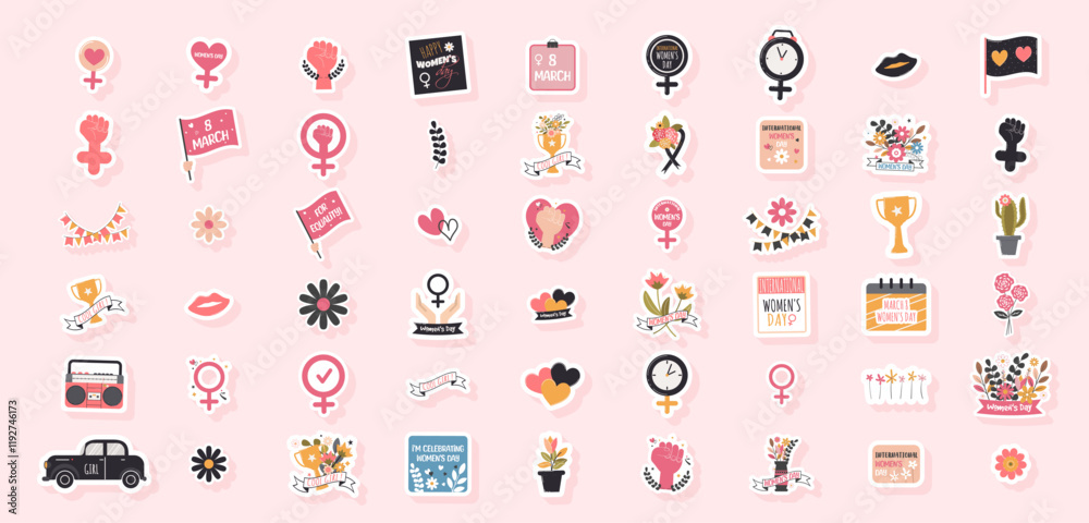 Fototapeta premium International Womens Day. Large set of stickers March 8.