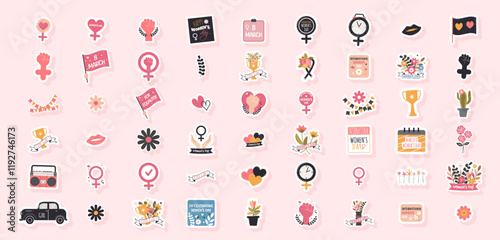 International Womens Day. Large set of stickers March 8.