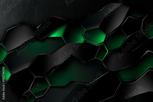 Abstract black background with green accents, futuristic design elements, and geometric patterns, perfect for technology and gaming themes.
