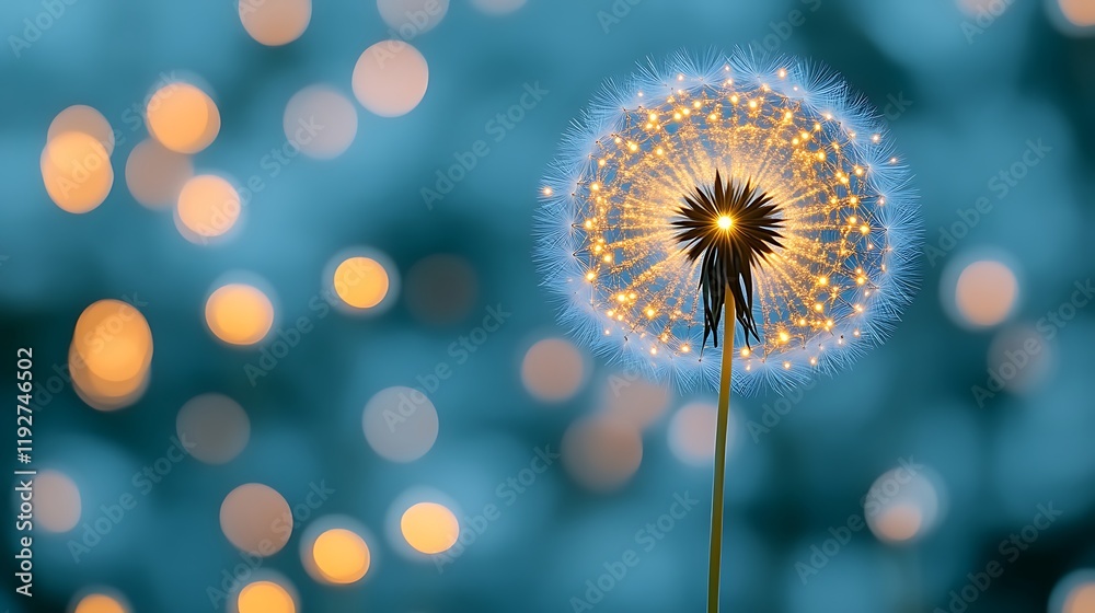 Fototapeta premium Illuminated Dandelion Seed Head Against A Blurred Background