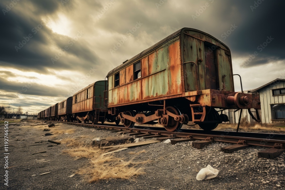 Old rusty train wagons standing on a railway track under a dramatic sky, evoking a sense of decay and abandonment Old rusty train wagons standing on a railway track under a dramatic sky, evoking a sense of decay and abandonment