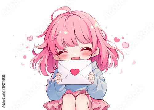 cute little anime chibi girl with pink hair laughs embarrassedly holding love letter envelope on white background photo