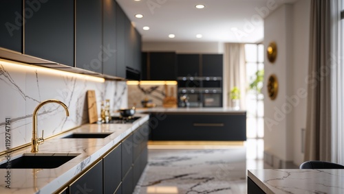 A contemporary, chic kitchen featuring stylish black and white cabinets, golden fixtures, and marble tiles