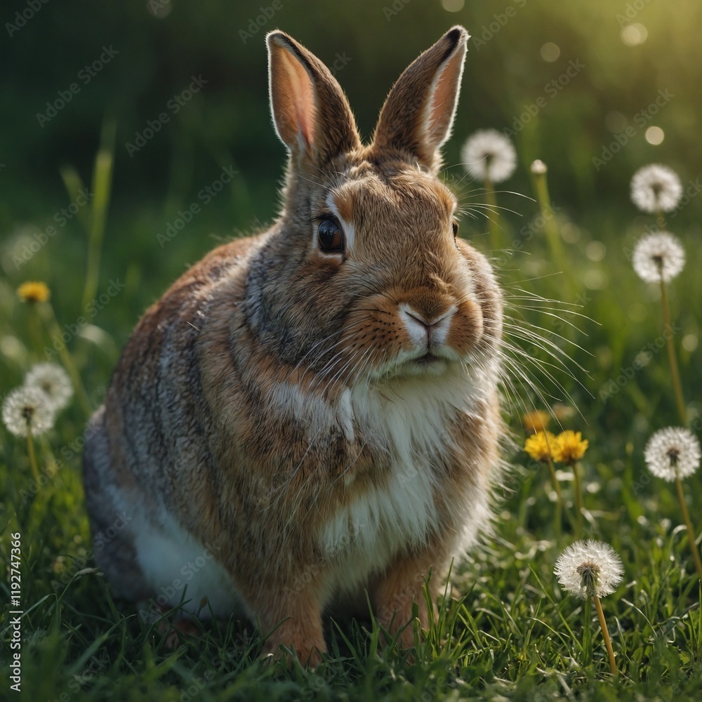 rabbit in a meadow on grass.A bunny holding an Easter egg in a meadow filled with daisies. rabbit in a meadow on grass.A bunny holding an Easter egg in a meadow filled with daisies.