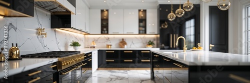 A contemporary, chic kitchen featuring stylish black and white cabinets, golden fixtures, and marble tiles