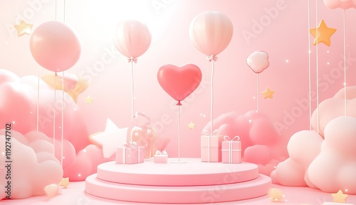 Valentine's Day 3D Background with Heart Balloons and Gifts. AI generated image