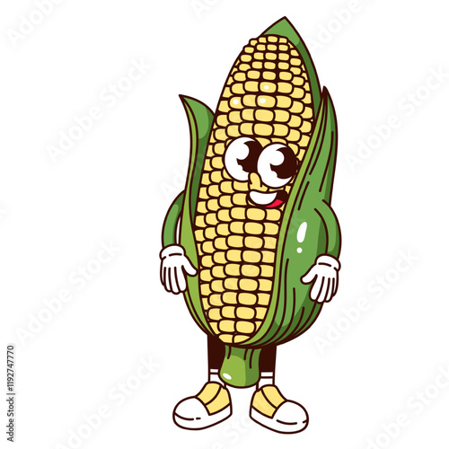 Groovy corn cartoon character standing with happy smile. Funny retro corn cob with green leaf and sweet kernels. Food, harvest mascot, cartoon maize sticker of 70s 80s style vector illustration