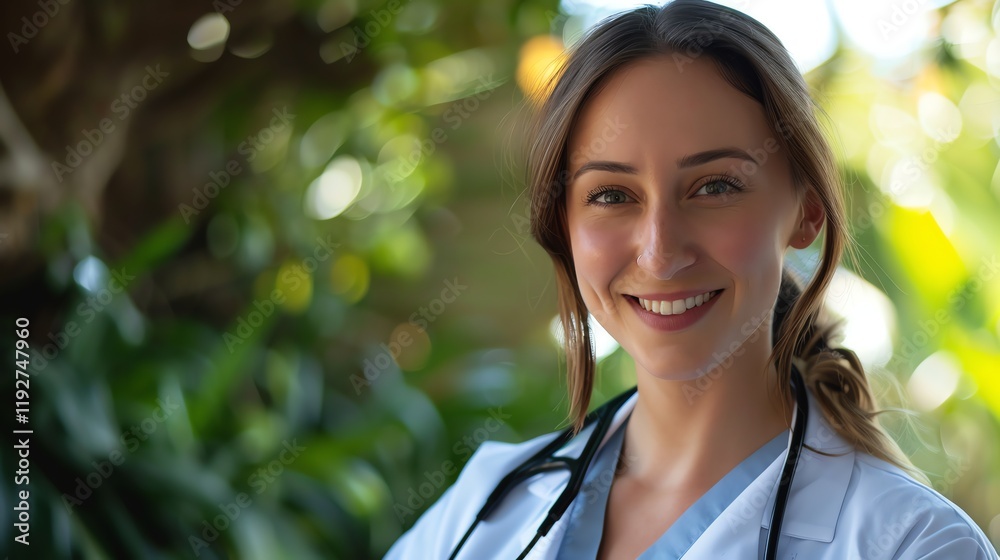 A young woman doctor with a stethoscope smiling at the camera. A young woman doctor with a stethoscope smiling at the camera.