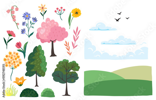 grass,tree and mountain landscape element object for spring season