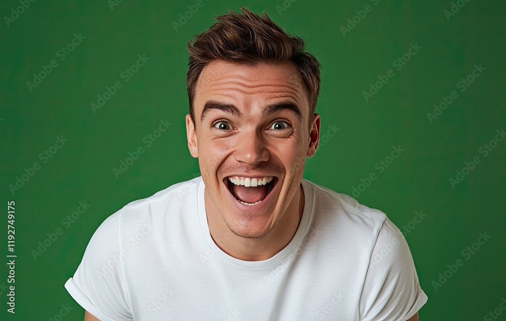 an attractive man wearing a white T-shirt, with a happy and excited expression on his face, isolated against a green background with copy space an attractive man wearing a white T-shirt, with a happy and excited expression on his face, isolated against a green background with copy space