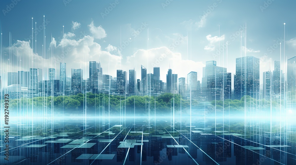 Obraz premium Illustration of the city of the future in blue, white and green colors. Eco city with smart technologies concept