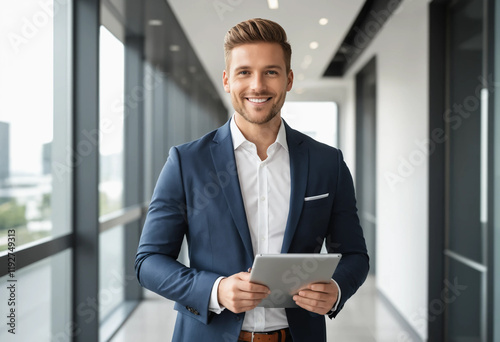 Confident young professional man dressed smartly, smiling and holding a tablet, standing in a modern office hallway