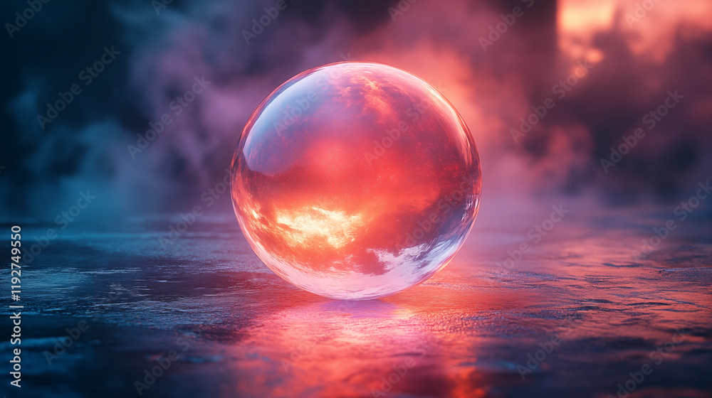 Crystal sphere reflecting pink sunset glow on reflective surface, abstract concept Crystal sphere reflecting pink sunset glow on reflective surface, abstract concept
