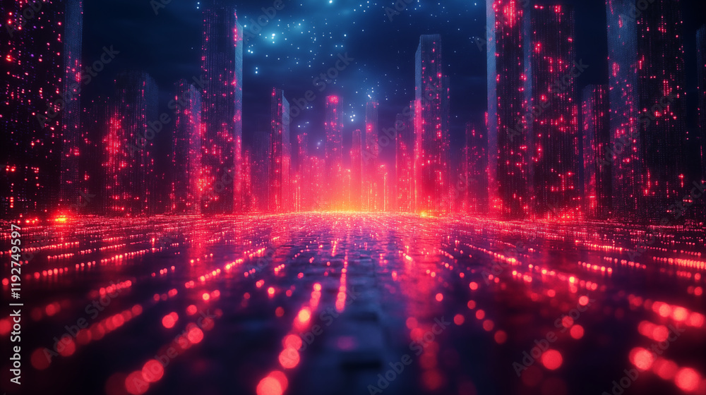 Fototapeta premium Digital city grid glowing with neon lights on reflective ground, futuristic concept