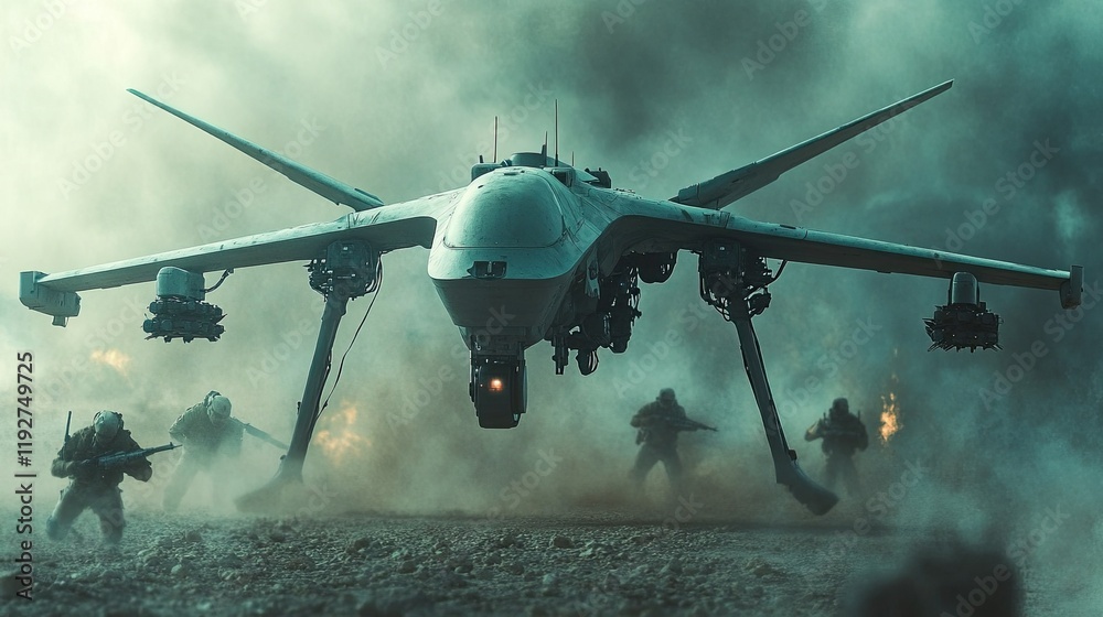 High-tech military robots and drones autonomously navigating complex battlefields, using AI to make decisions in real-time. High-tech military robots and drones autonomously navigating complex battlefields, using AI to make decisions in real-time.