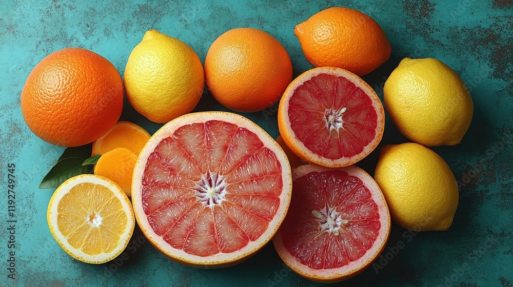 A vibrant collection of fresh citrus fruits including grapefruits, lemons, and oranges arranged on a teal surface A vibrant collection of fresh citrus fruits including grapefruits, lemons, and oranges arranged on a teal surface