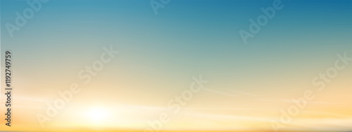 Sunset, Sky blue background,Summer sundown,clear sky in orange,yellow over sea beach.Vector cartoon nature background Sunrise sky,bright Sunlight,Horizon landscape Golden hour dramatic dusk sky