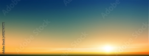 Sunset, Sky blue background,Summer sundown,clear sky in orange,yellow over sea beach.Vector cartoon nature background Sunrise sky,bright Sunlight,Horizon landscape Golden hour dramatic dusk sky