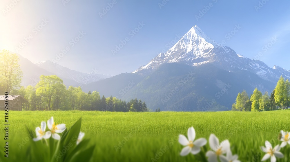 Fototapeta premium Serene mountain vista bathed in warm sunlight green meadow wildflowers. AI Generated