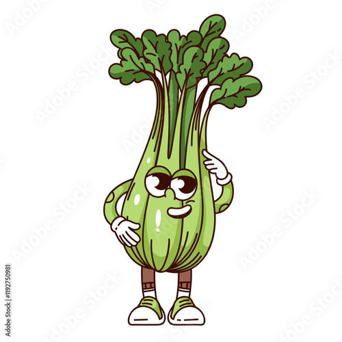 Groovy bok choy cartoon character pointing to green leaves. Funny retro leaf vegetable with comic face. Asian food, cooking mascot, cartoon cute bok choy sticker of 70s 80s style vector illustration