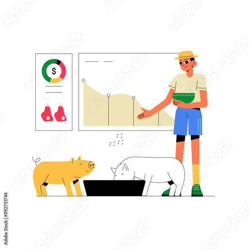 Farmer Feeding Pigs With Farming Data On Screen In Flat Vector Illustration Symbolizing Livestock Farming, Data Driven Agriculture, And Sustainable Practices, Isolated On White Background.