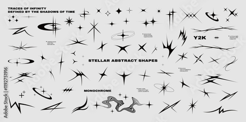 Deformed stars, y2k blings, abstract sharp lines, spikes, cybersigilism, tribal elements, various distorted stars, rave burst. Collage retrofuturistic tribal cosmos elements. Vector graphic set