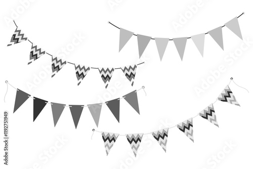 Triangular monochrome and ornamental pennant garlands in grayscale. Festive elements concept Set 4