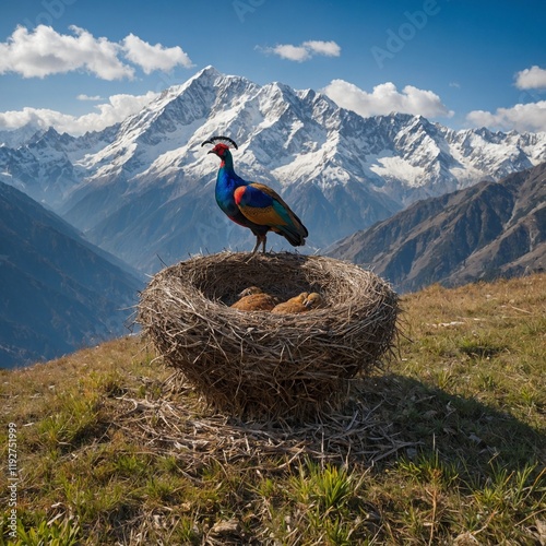 A Himalayan monal’s nest in a high-altitude meadow with snow-capped peaks. photo