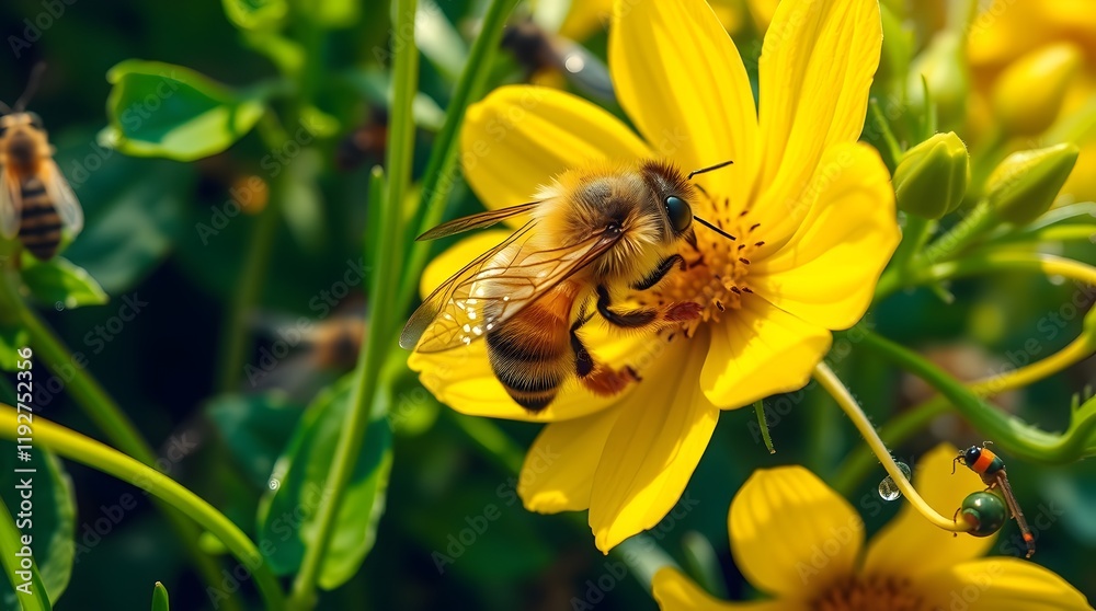A bee collecting nectar from a yellow flower in a summer garden A bee collecting nectar from a yellow flower in a summer garden