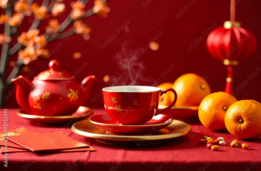 Fototapeta premium A vibrant red tea set rests on a table with oranges and decorations, creating a festive atmosphere.