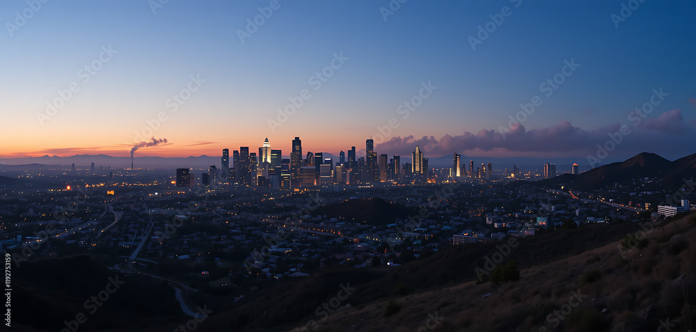 Obraz premium City Skyline Glowing at Dusk with High-rises, Traffic and Distant